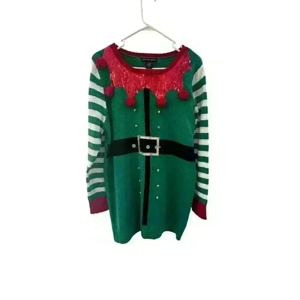 United States Women's Holiday Elf Christmas Ugly Bells PomPoms Sweater Size‎ XL